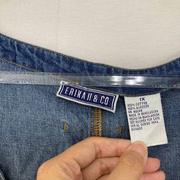 Vintage Erika & Co. Denim Dress size 1X Blue Sleeveless Front Pocket Button - Picture 2 of 9